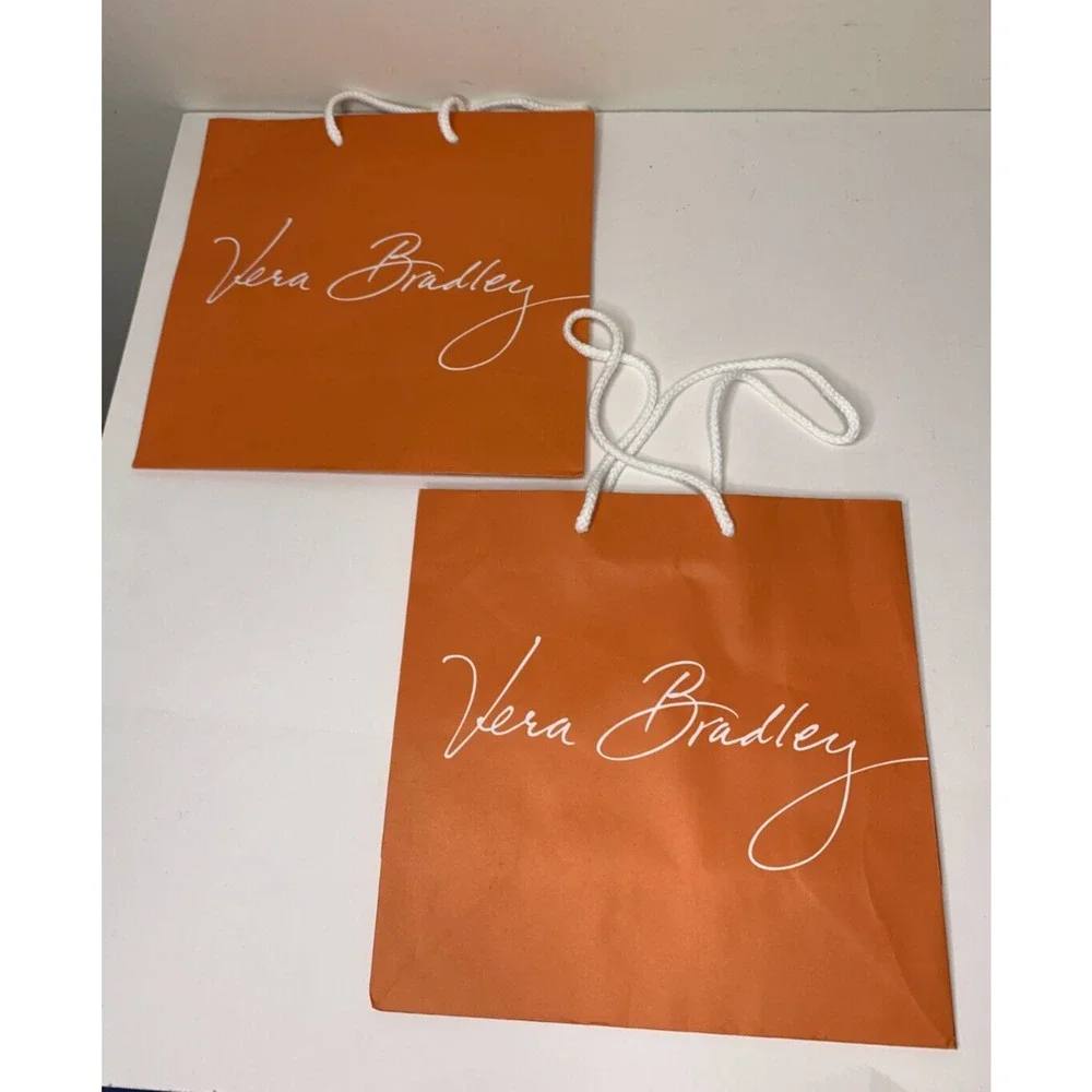Two Vera Bradley Shopping Bag Gift Bag Orange White Lettering 10 x 10 Inches